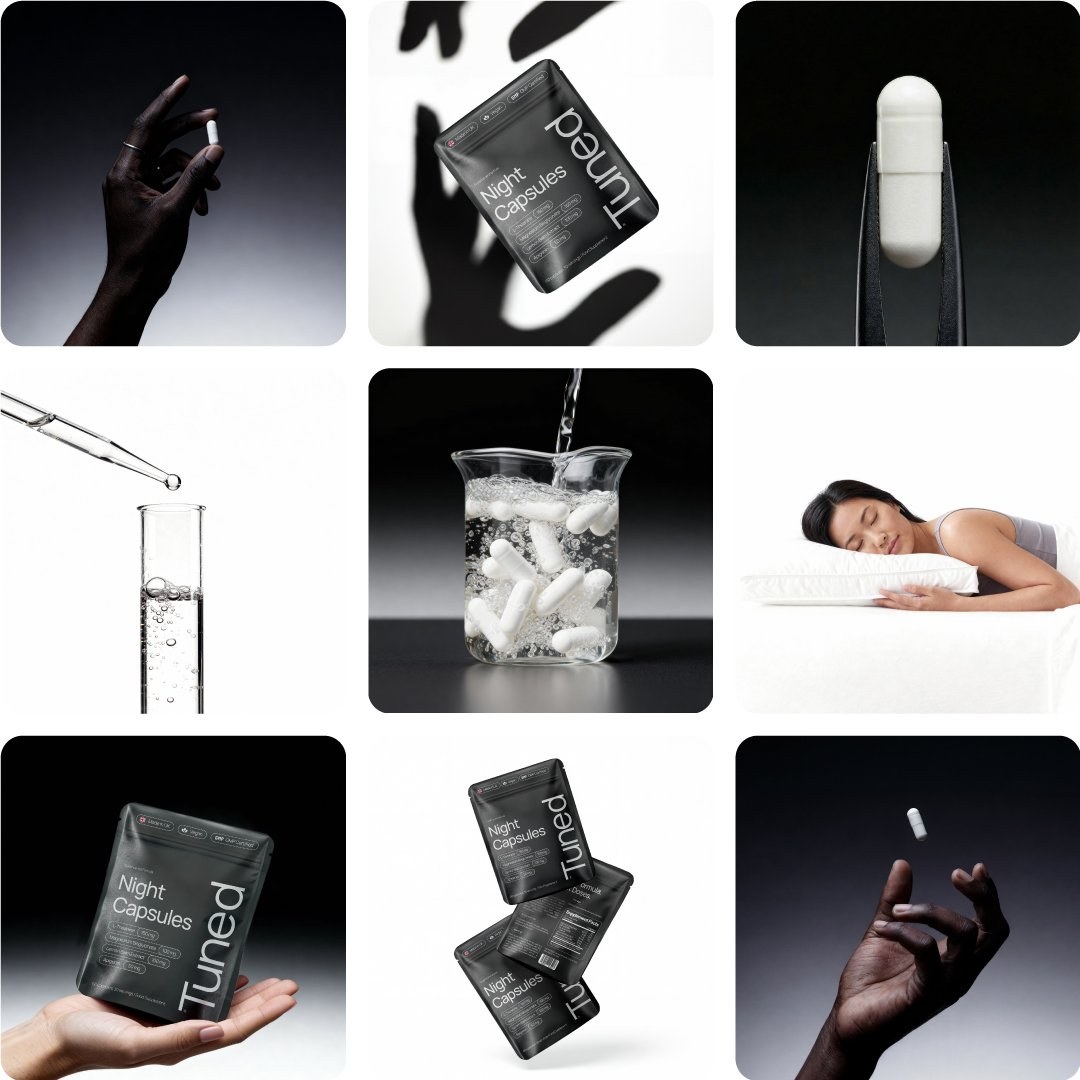 Brand identity grid showcasing Tuned packaging, laboratory glassware, and nocturnal lifestyle imagery