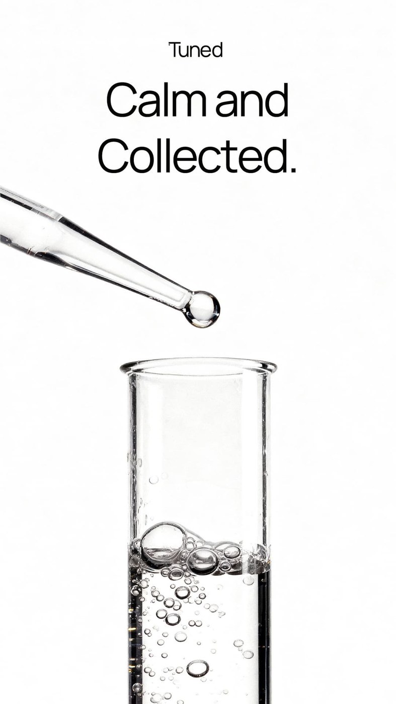 Laboratory dropper and test tube visual reflecting Tuned evidence-led sleep formula