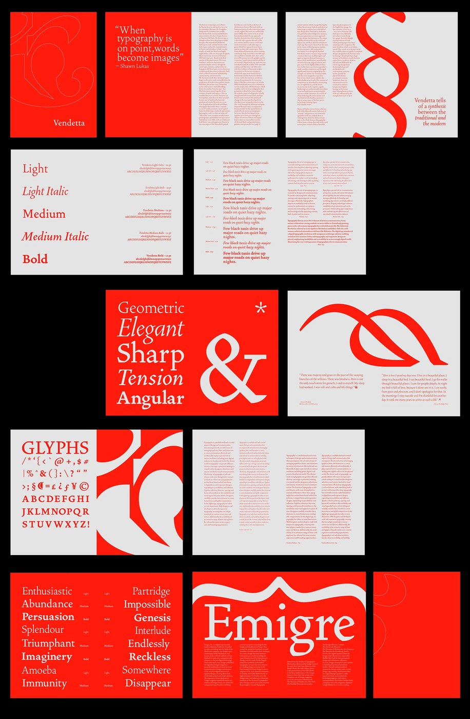 vendetta typeface specimen book design layout typography showing the inner spreads and paragraph structures