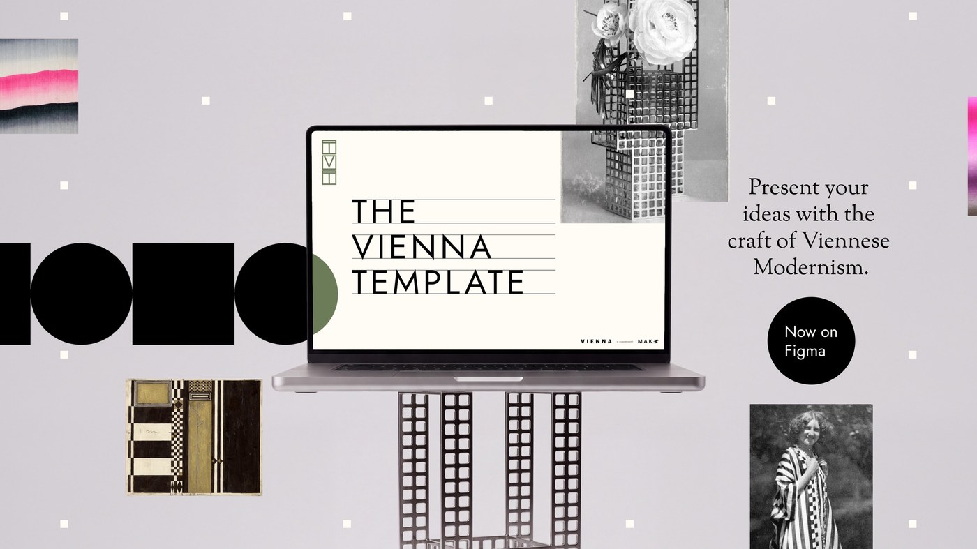 Master presentation slide showing The Vienna Template on laptop display resting on modernist metallic grid pedestal