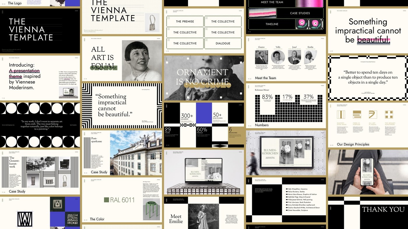 Master UI design system overview board knolling the entire Vienna Template Figma slide deck, typographic scale, and quote layouts