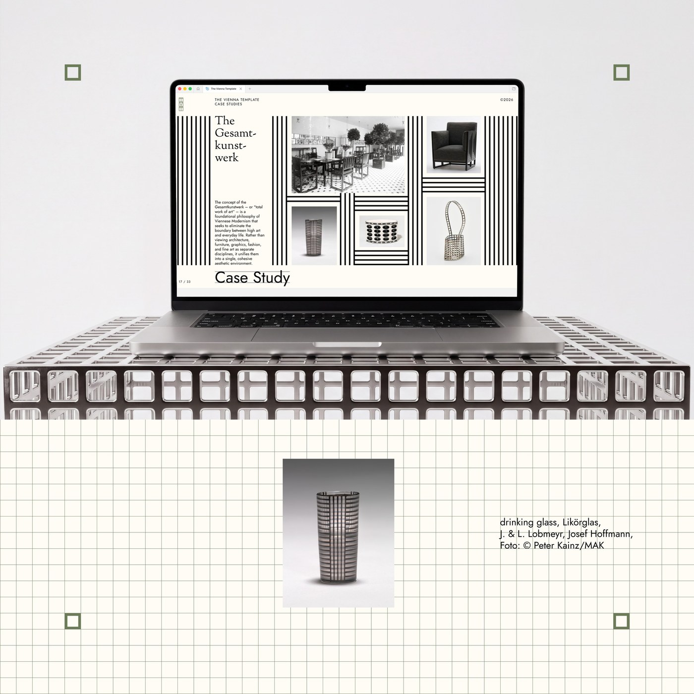 The Gesamtkunstwerk case study slide layout on laptop paired with historical Josef Hoffmann liqueur glass from MAK