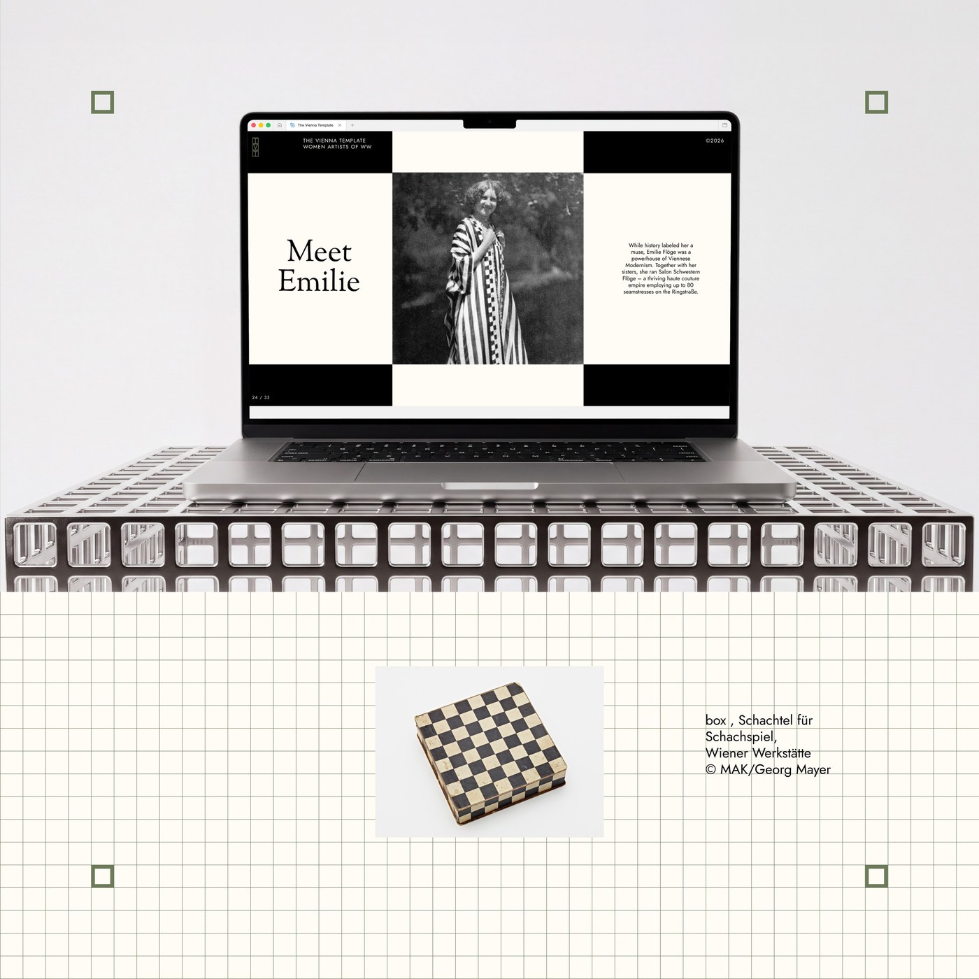 Meet Emilie slide celebrating Emilie Flöge paired with Wiener Werkstätte checkerboard chess game box from MAK