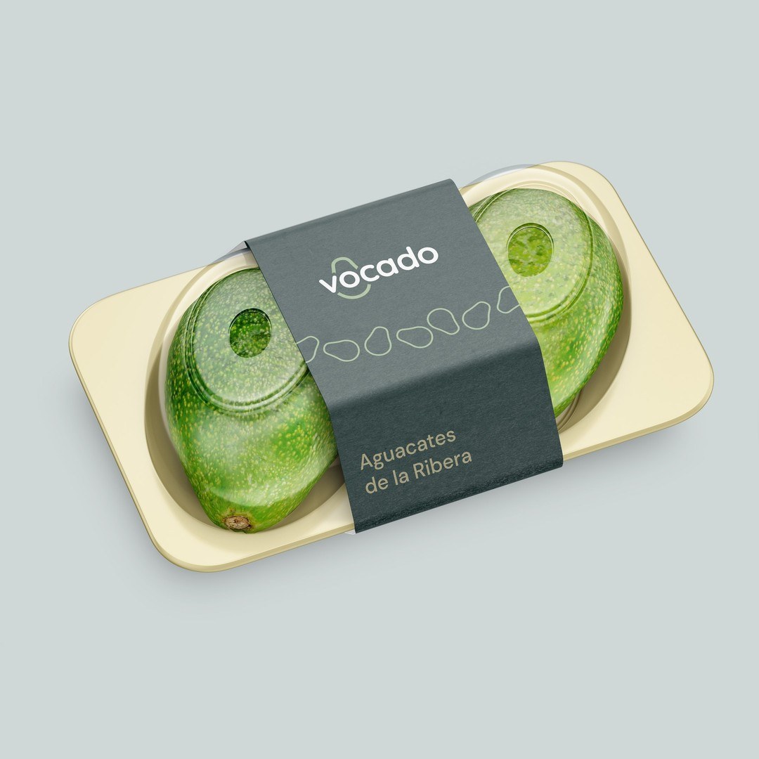 Vocado branding design compostable packaging tray with paper sleeve by Estudio E