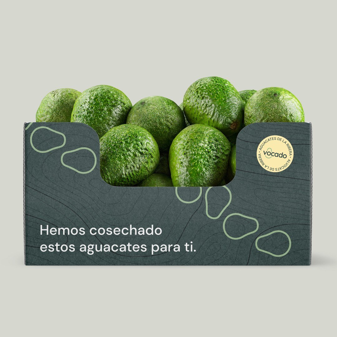Vocado corrugated cardboard shipping crate packaging with custom typography and origin seal