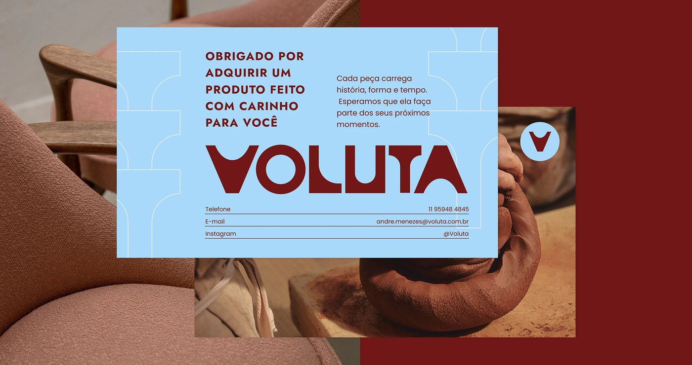 Voluta brand identity master system stationery card with red logotype, cobogó pattern, restored armchair, and handmade ceramics