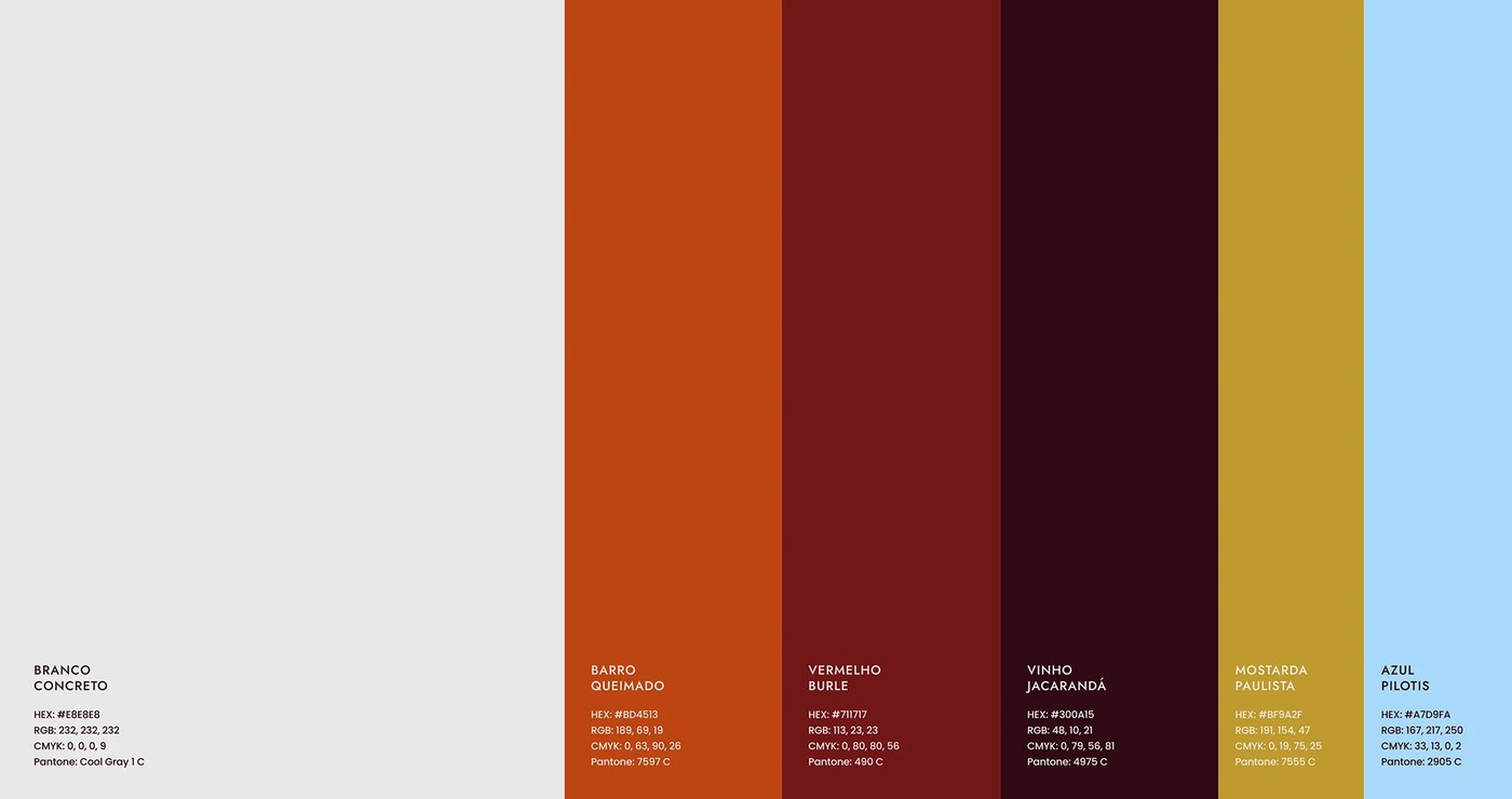 Voluta modernist color palette swatches: Branco Concreto, Barro Queimado, Vermelho Burle, Vinho Jacarandá, Mostarda Paulista, Azul Pilotis