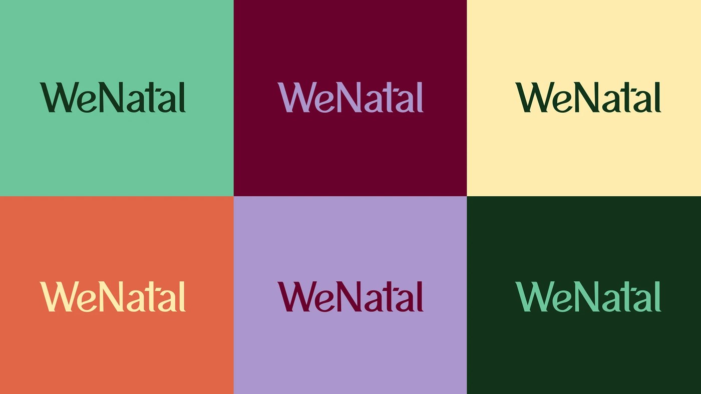 Six-panel color palette grid presenting the serif WeNatal wordmark across mint, maroon, yellow, terracotta, lavender, and forest green