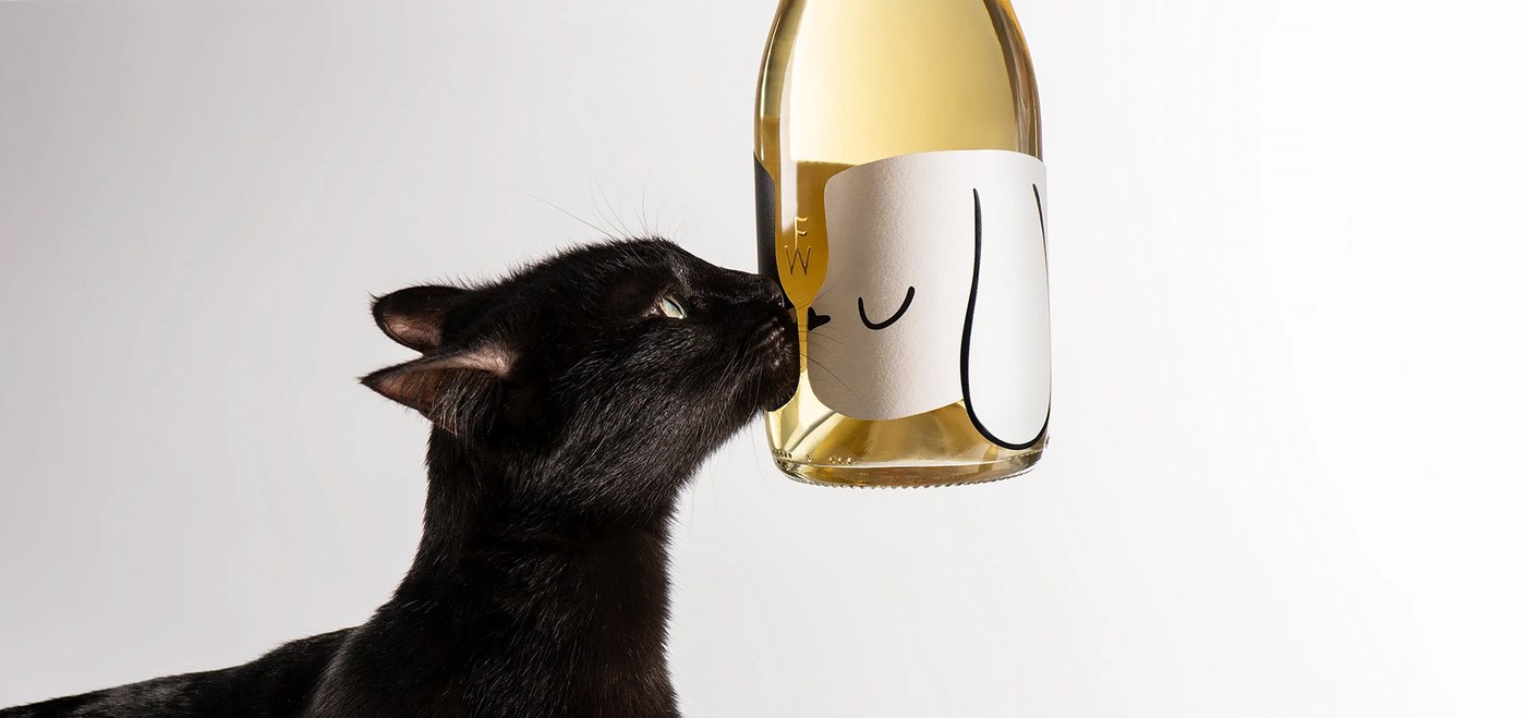White Flag wine bottle and cat detail in packaging design by Backbone Branding
