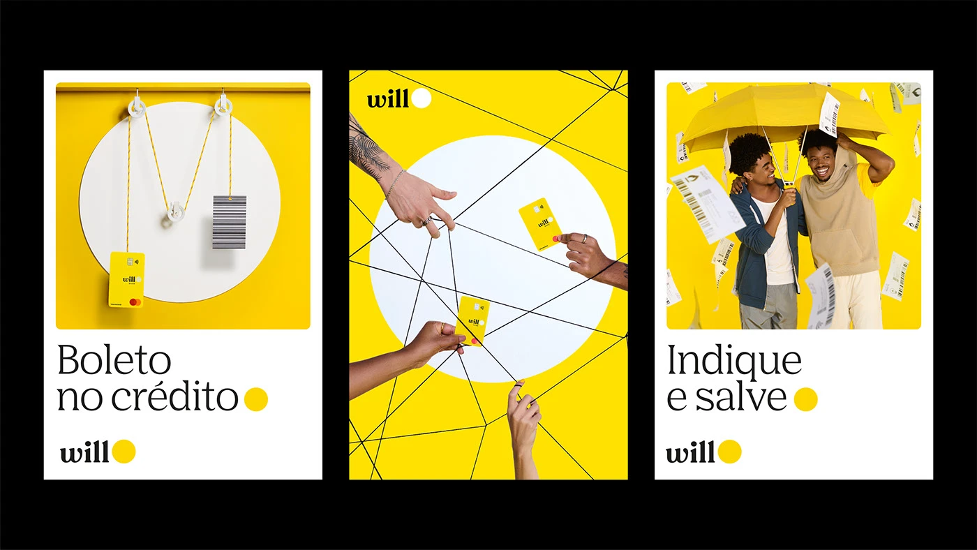 Will bank identity hang tags and card system with acid yellow accents