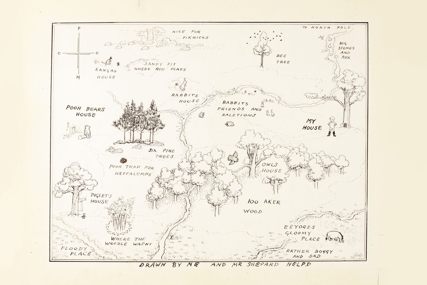 Original 1926 Hundred Acre Wood map pen-and-ink illustration by E.H. Shepard for Winnie-the-Pooh