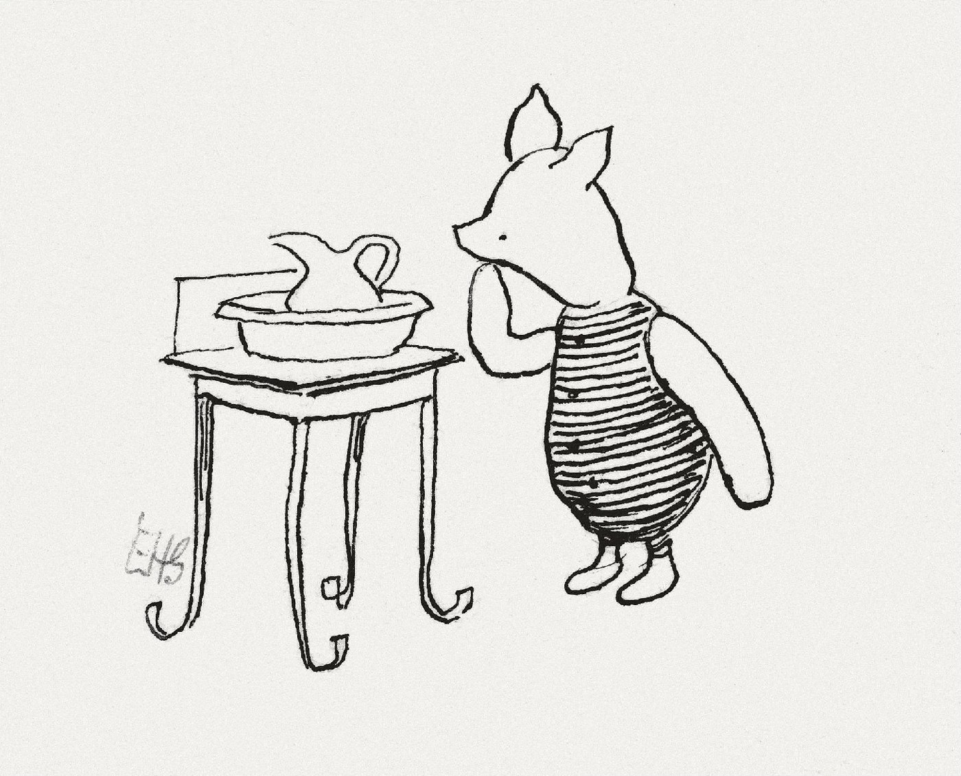 Piglet washing his ears at the washstand line art illustration by E.H. Shepard