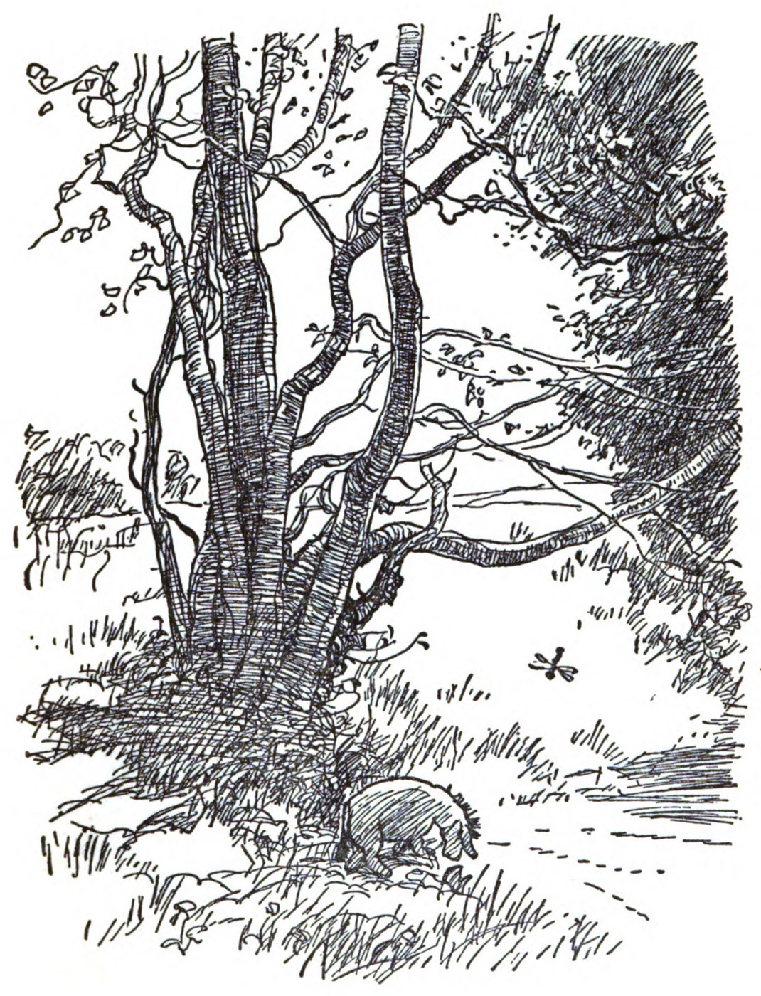 Eeyore standing in the gloomy thistle patch ink drawing illustration by E.H. Shepard