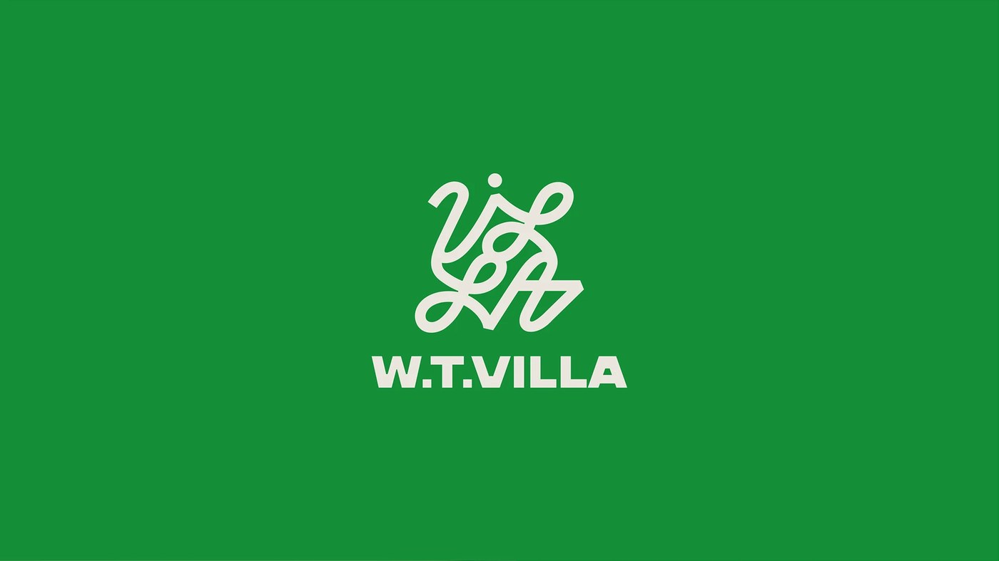 W.T.VILLA stencil typography and modular knot logo variations on Kelly Green ground