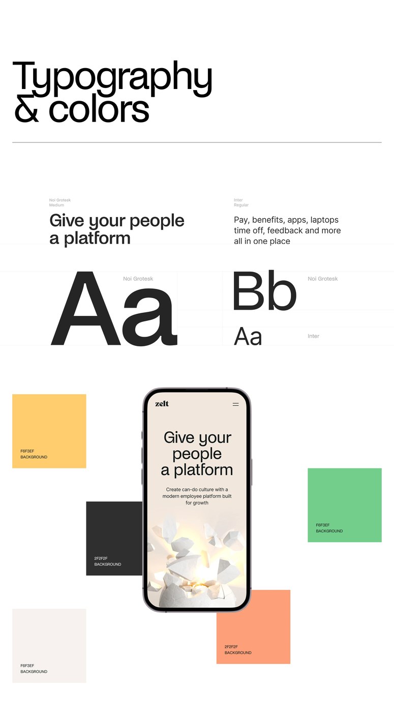 Zelt web design typography specimen displaying Noi Grotesk, Inter, and mobile interface screen with brand color swatches
