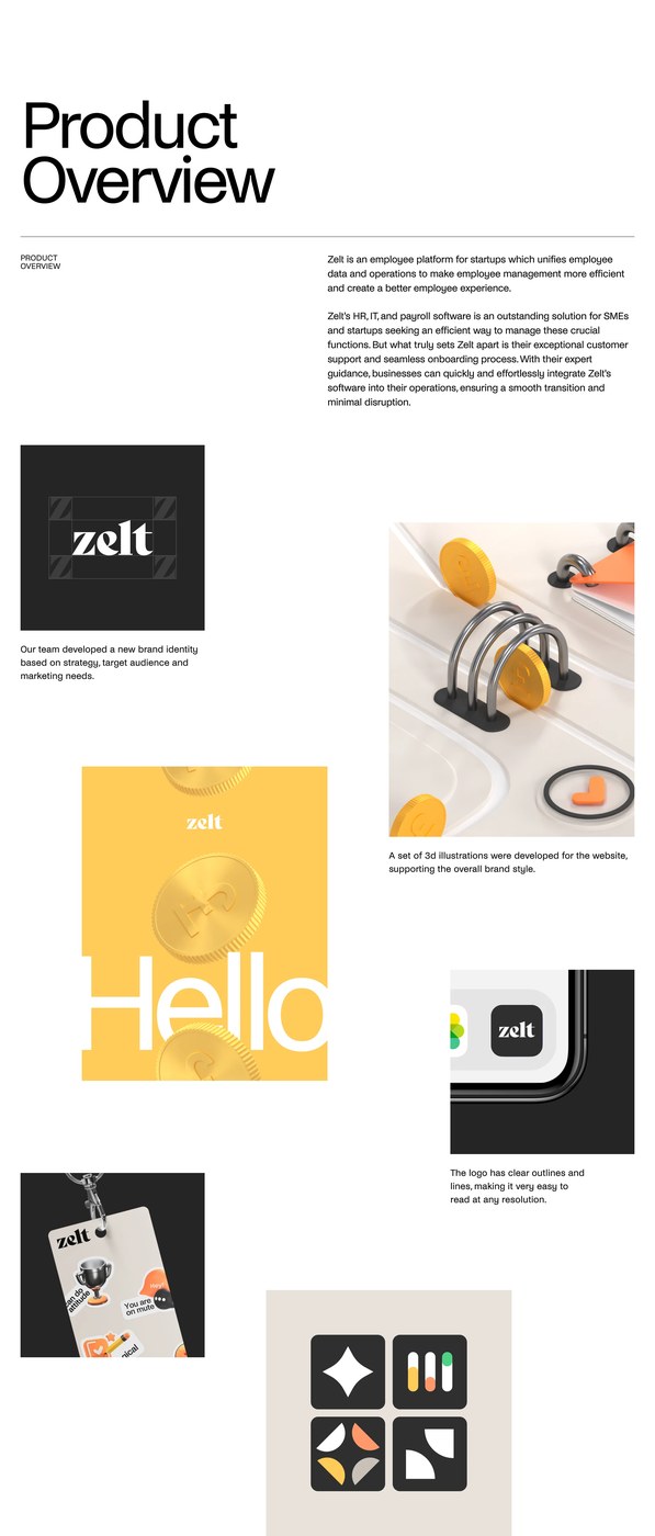 Zelt web design product overview showing logo construction grid, tactile 3D illustrations, and custom badge