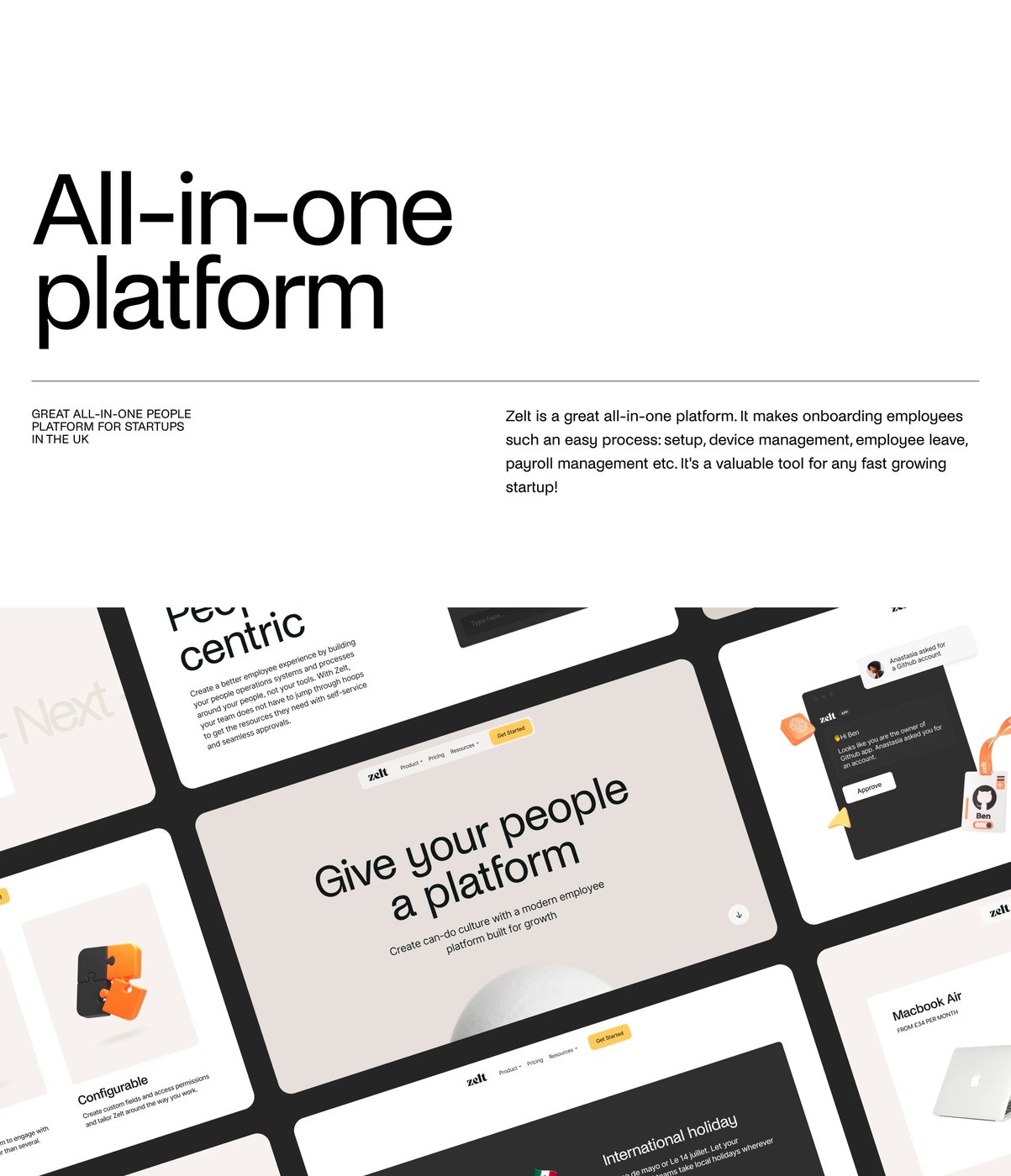 Zelt web design modular card layout in perspective grid highlighting onboarding flows and hardware management