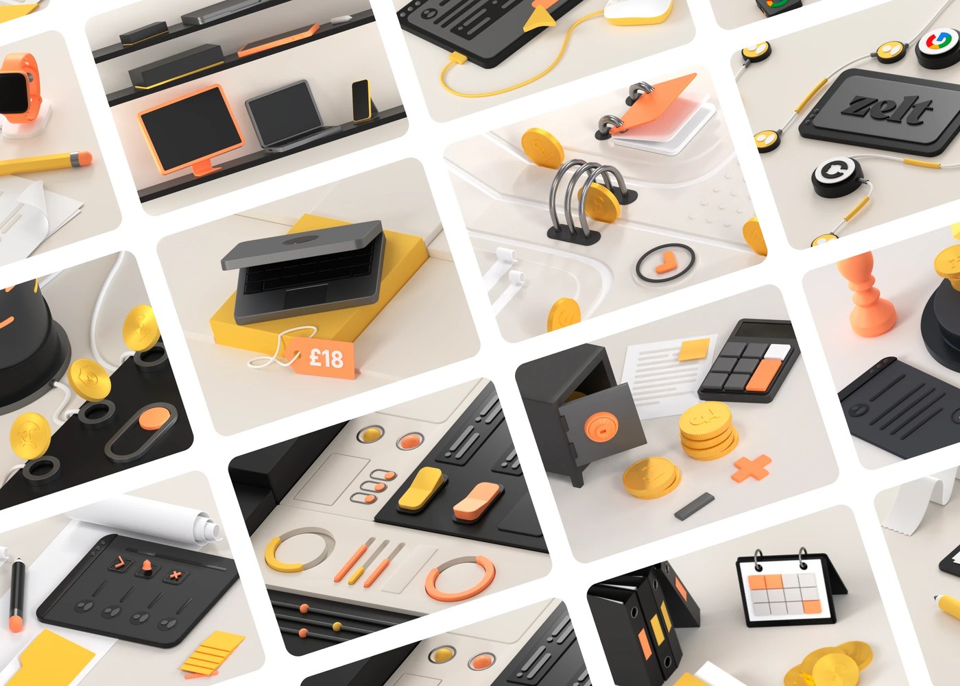 Zelt web design isometric 3D icon library illustrating HR, IT, and financial tools