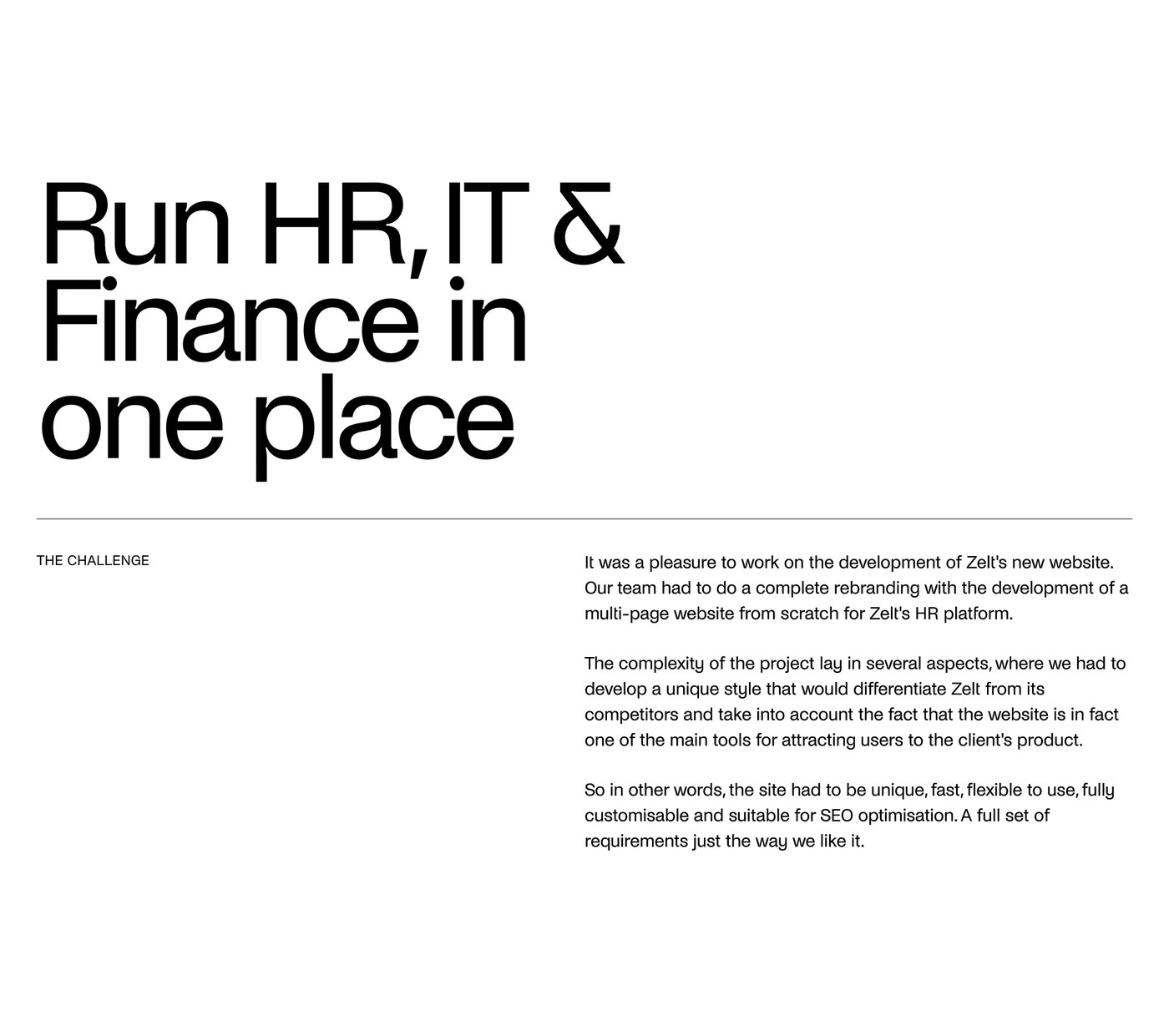 Zelt web design challenge overview and editorial typography layout by Cuberto