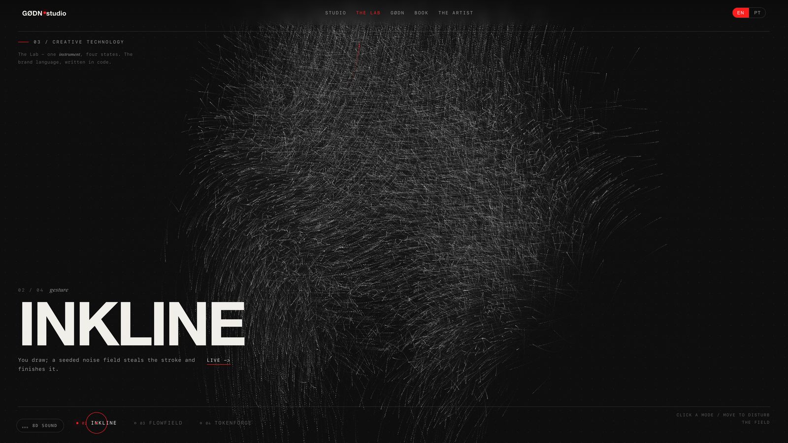 Inkline noise field drawing tool in GØDN.studio interactive web design