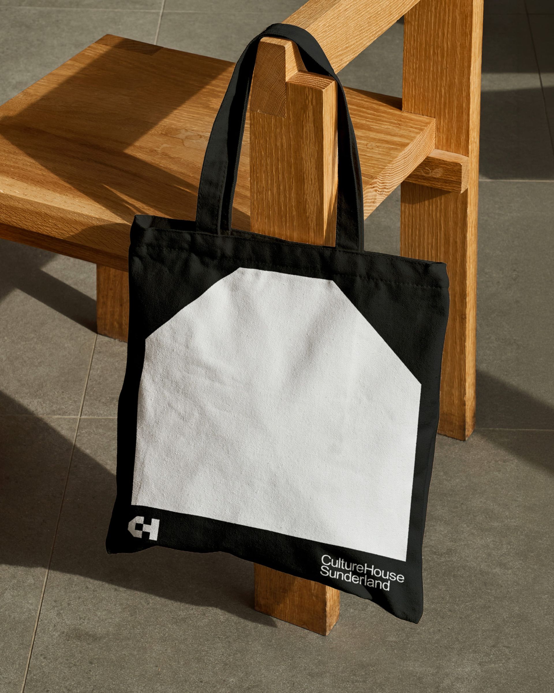 Black Culture House Sunderland tote bag with white house panel, CH mark and wordmark