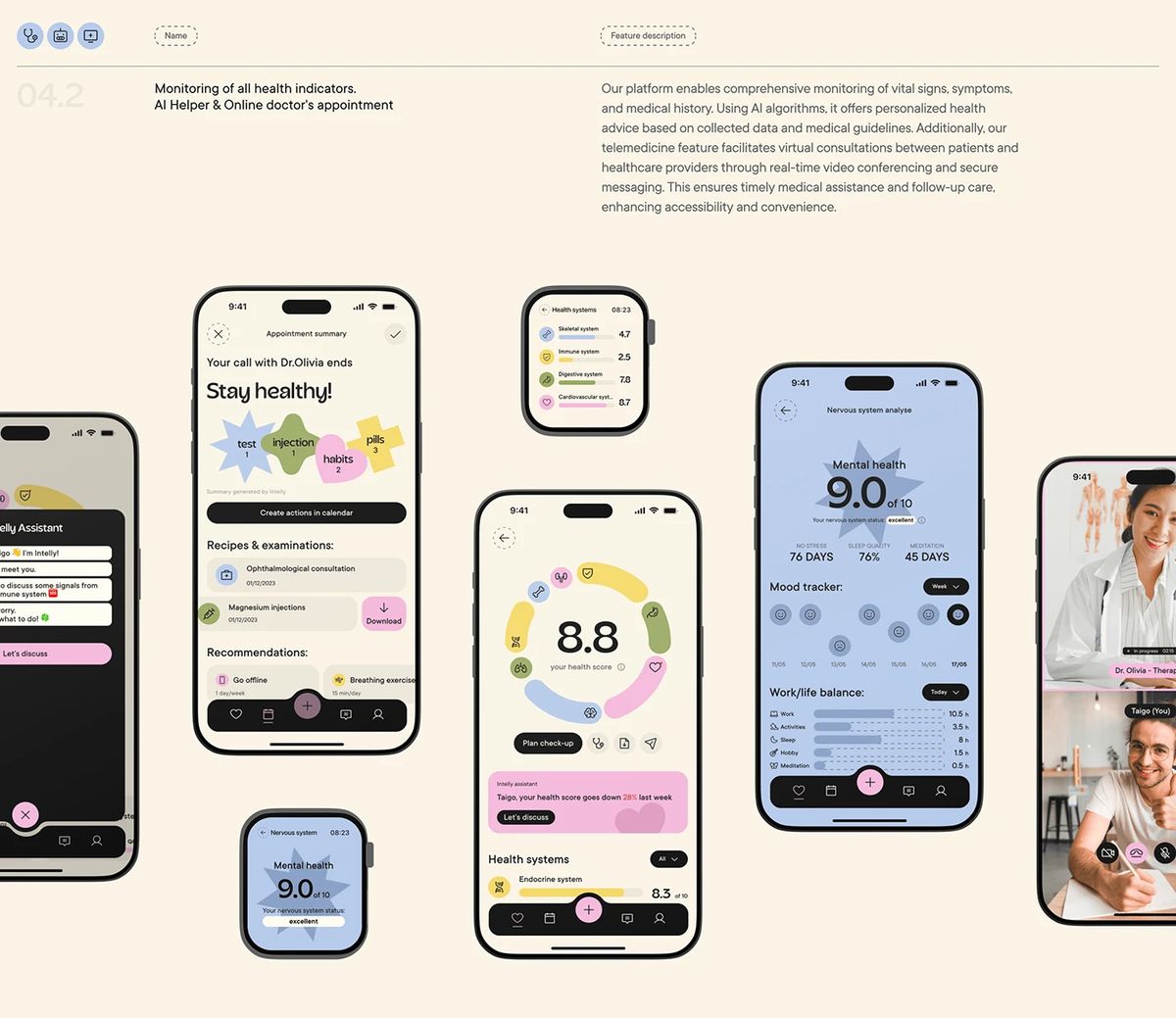 Intelly Healthcare App mobile phone mockup vitals UI design