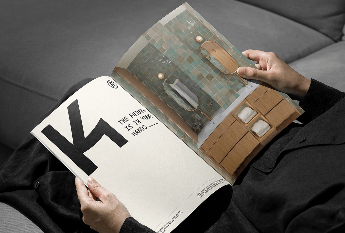 KORBA architectural studio branding magazine editorial spread with typography