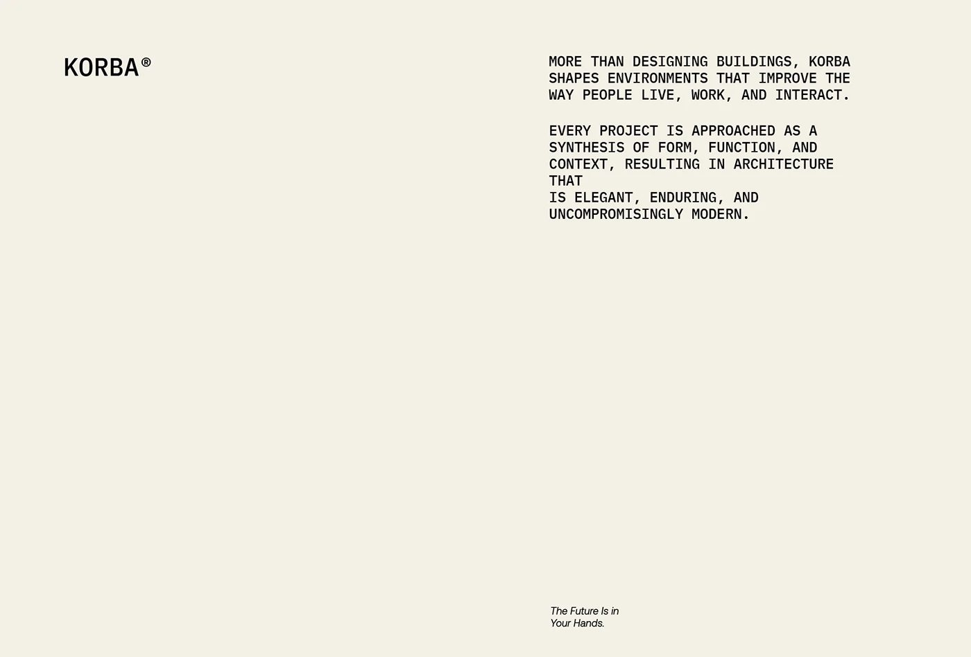 KORBA architectural studio branding off-white typographic spread layout