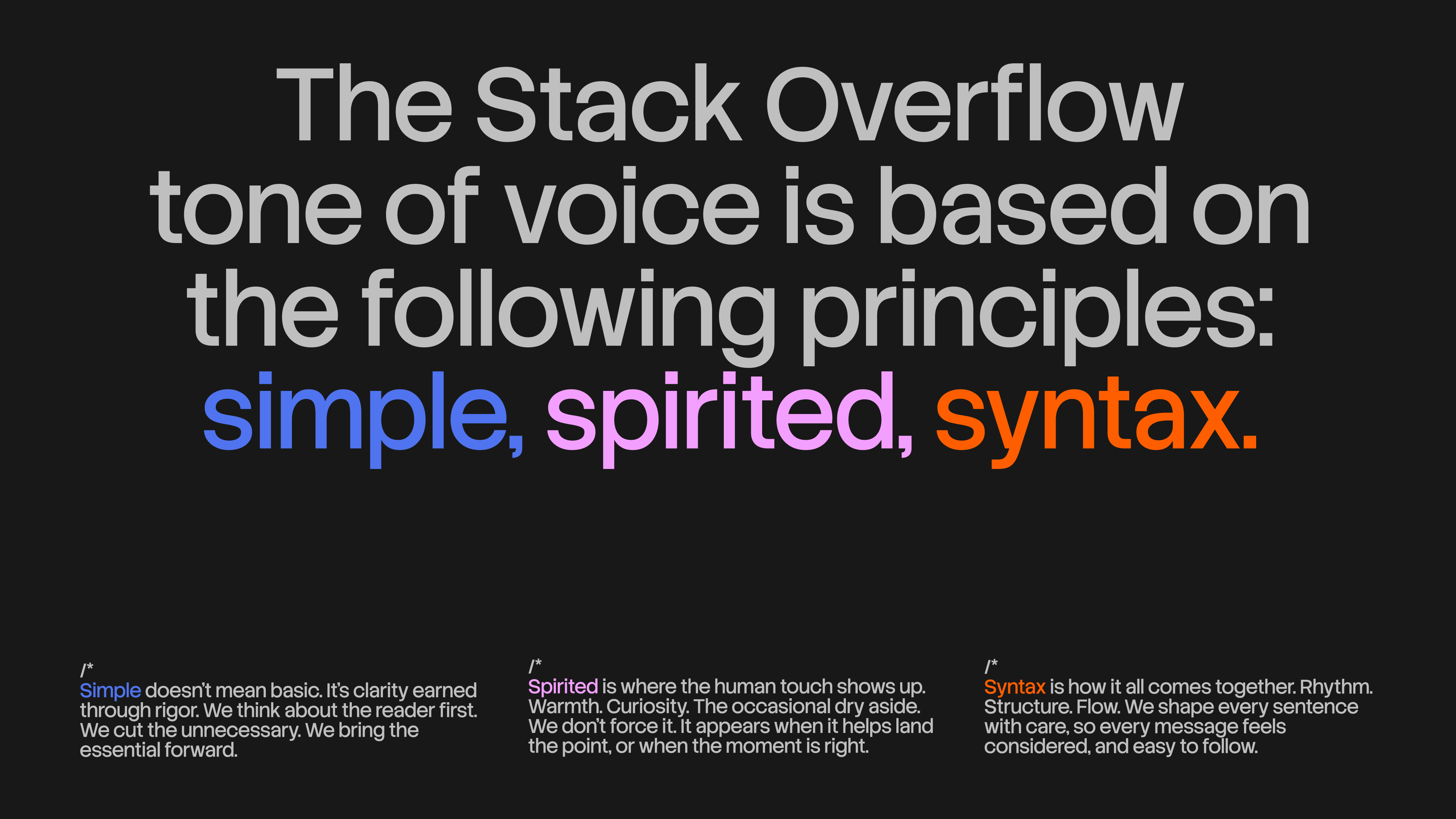 Stack Overflow tone of voice principles 'simple, spirited, syntax' — typographic spread by Koto