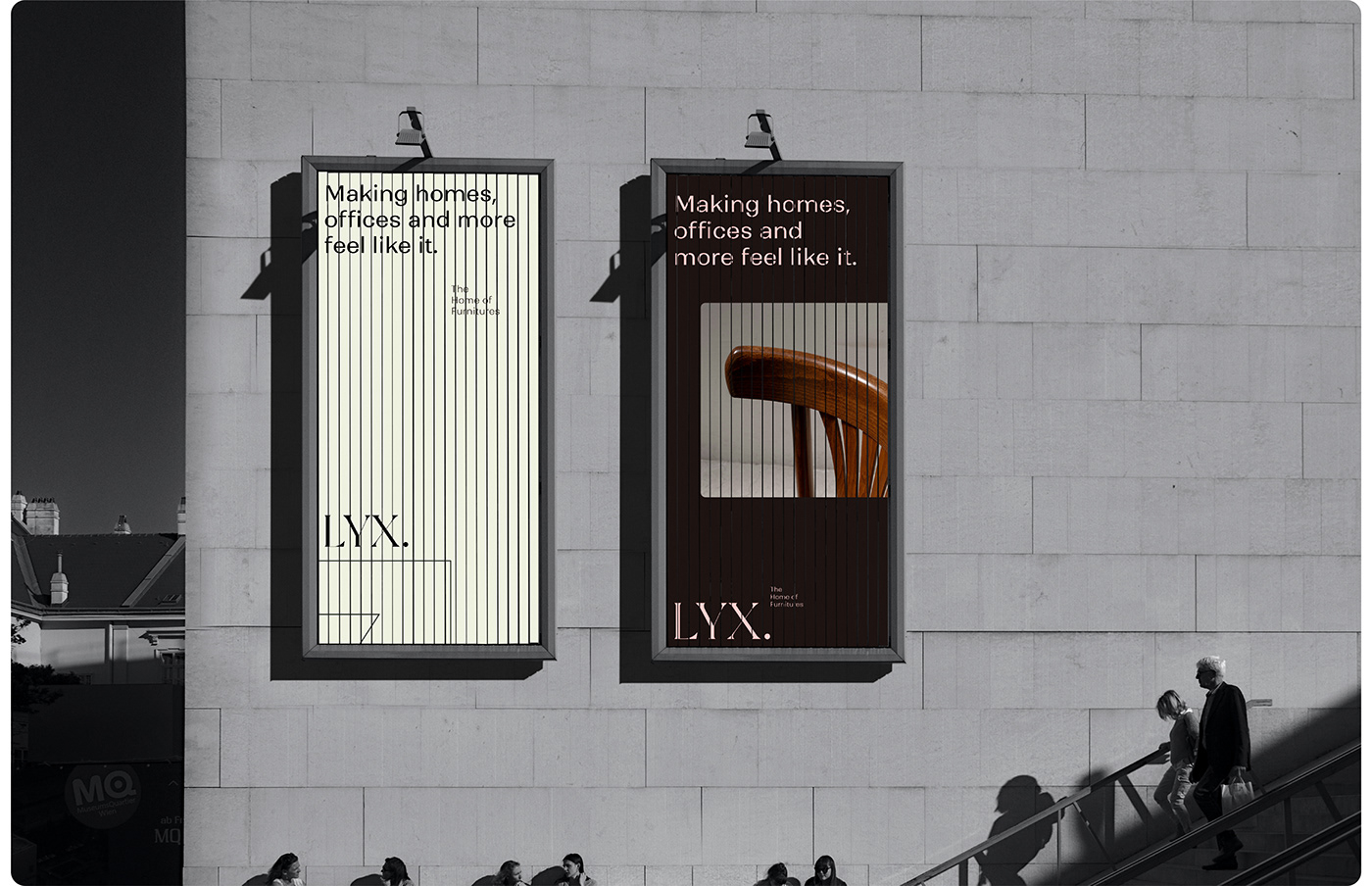 LYX branding architectural billboard posters on stone facade