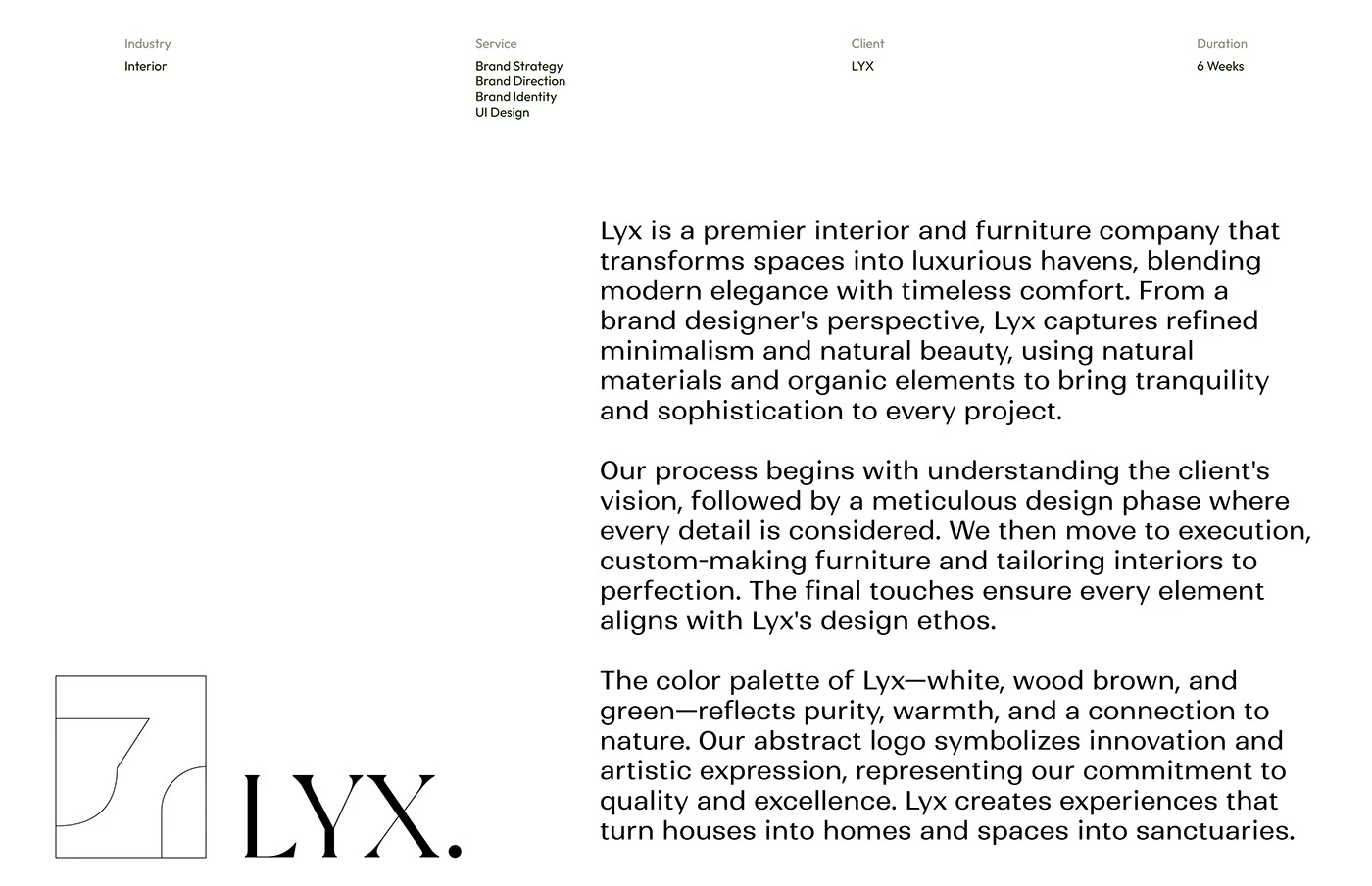 LYX branding project strategy sheet and linear emblem mark