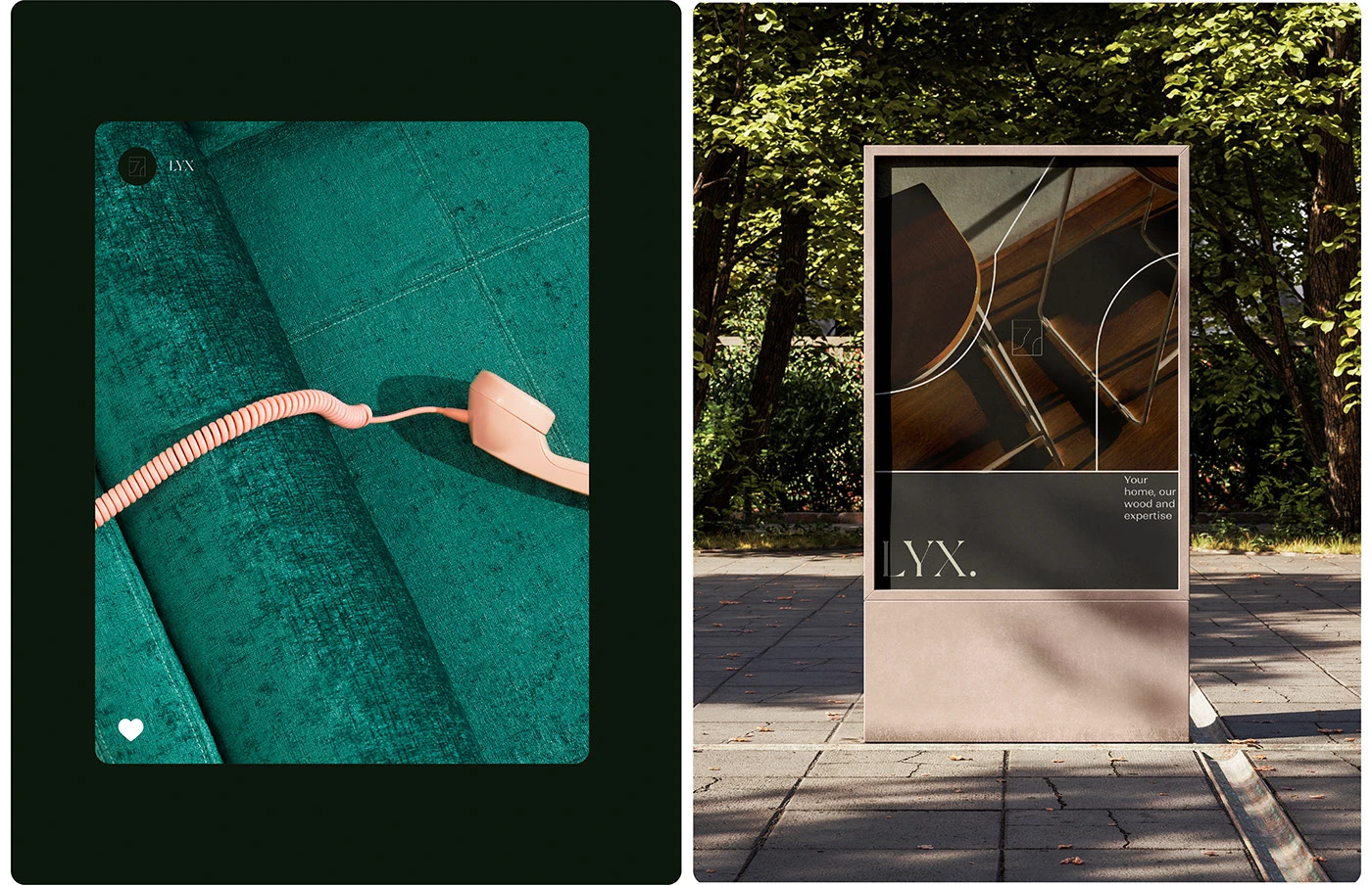 LYX branding emerald velvet fabric texture and street kiosk display
