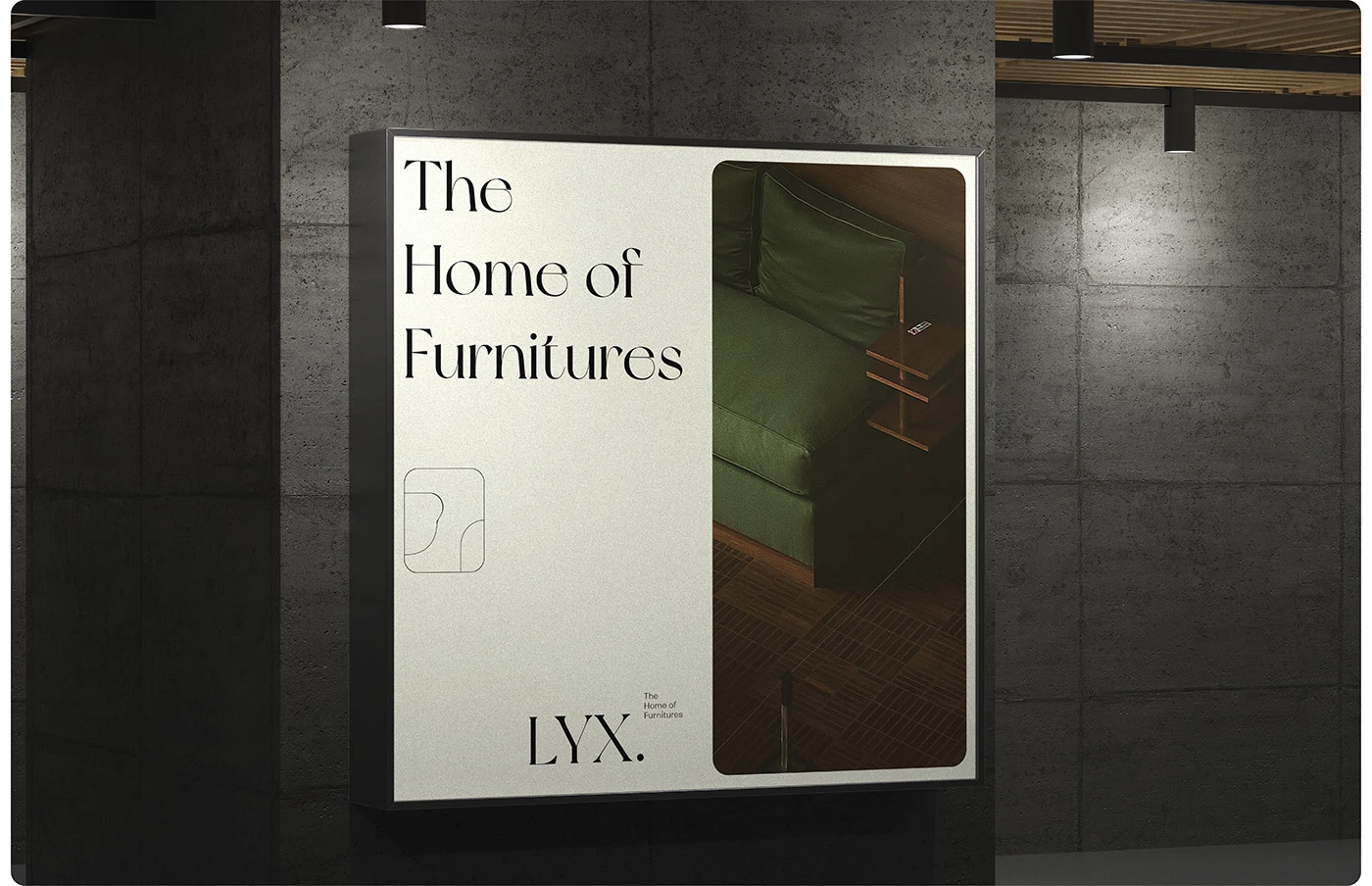 LYX branding illuminated concrete wall lightbox display