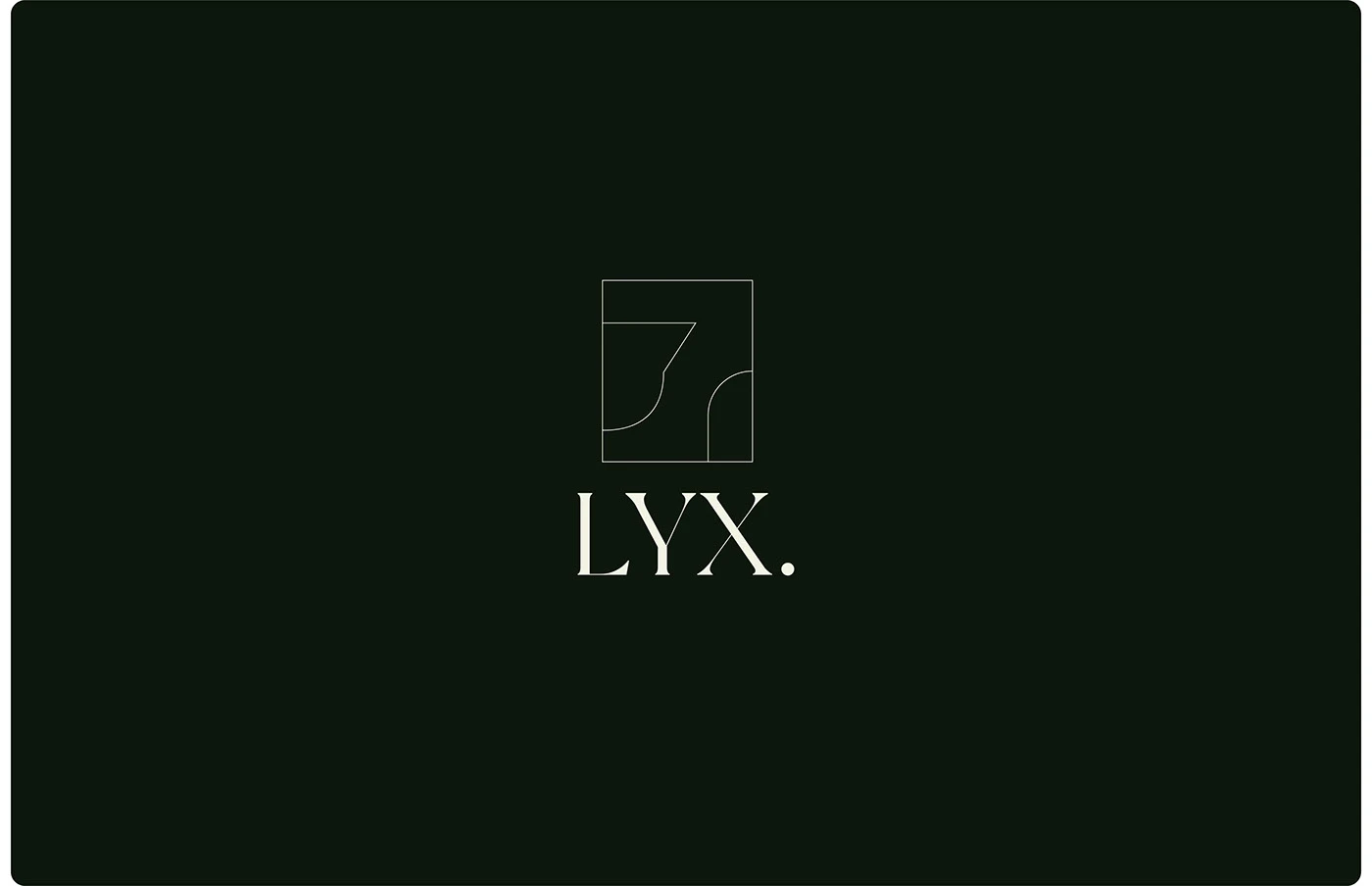 LYX branding fine line geometric emblem on dark forest green