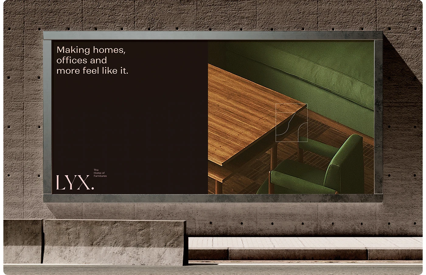 LYX branding concrete street billboard with bespoke wood table