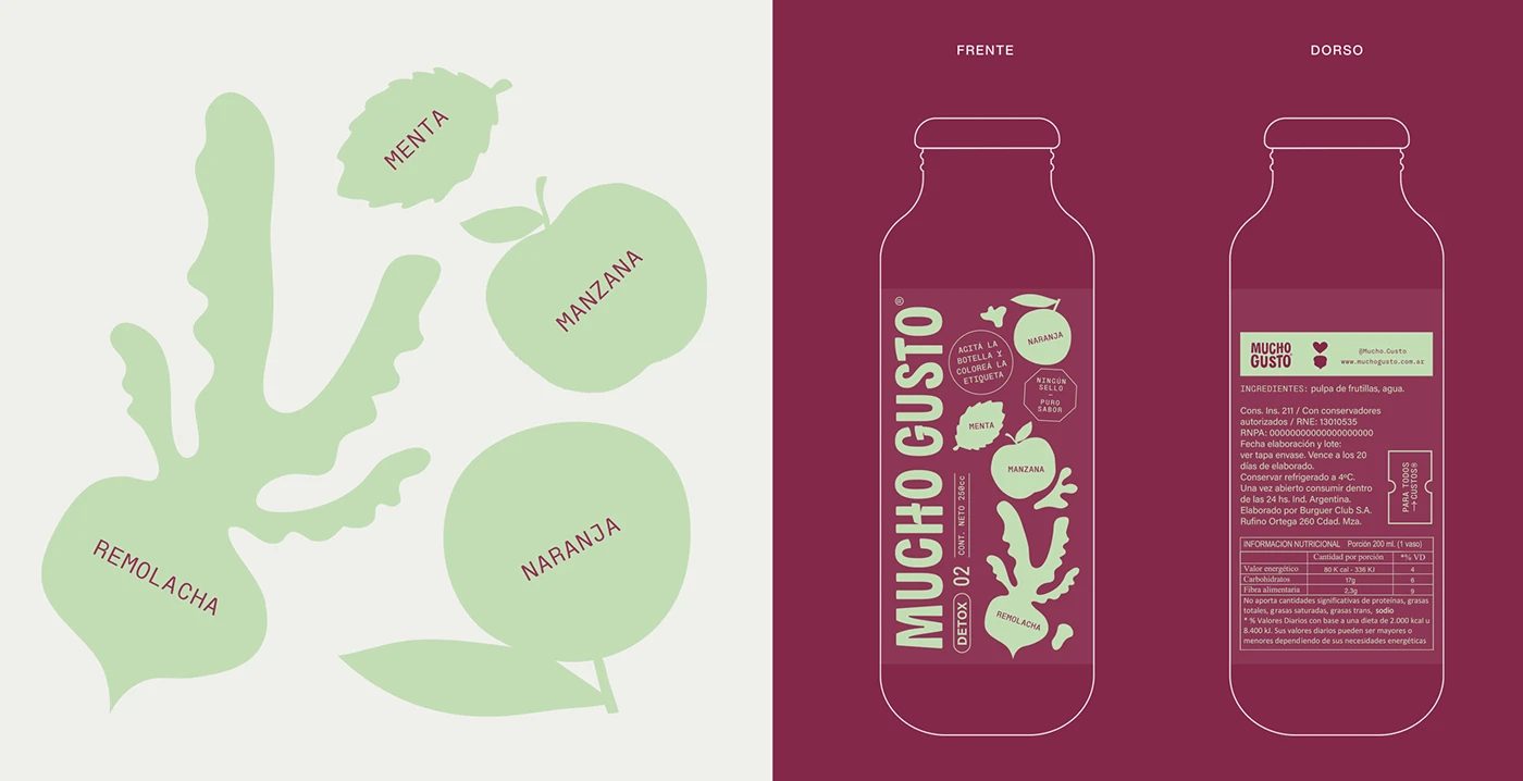 Mucho Gusto beverage branding vector ingredient icons and label construction grid