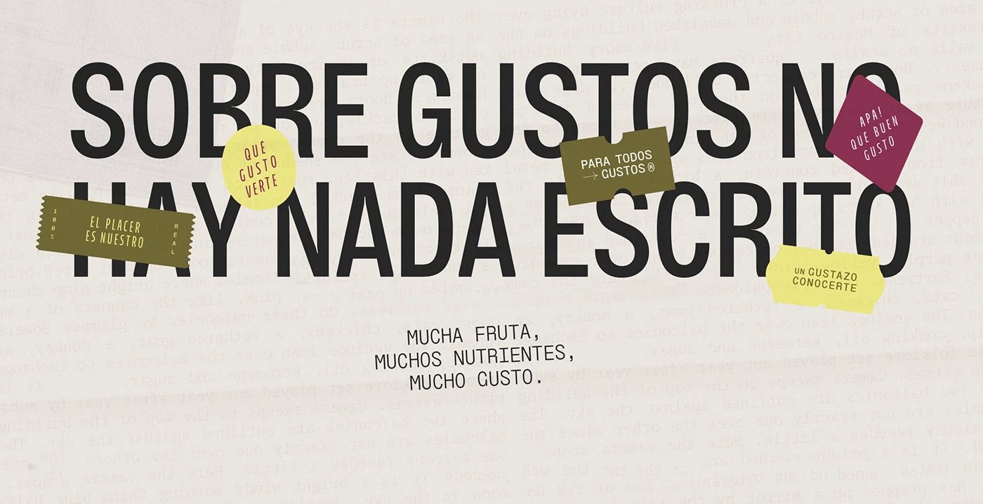 Mucho Gusto beverage branding headline typography and sticker design system