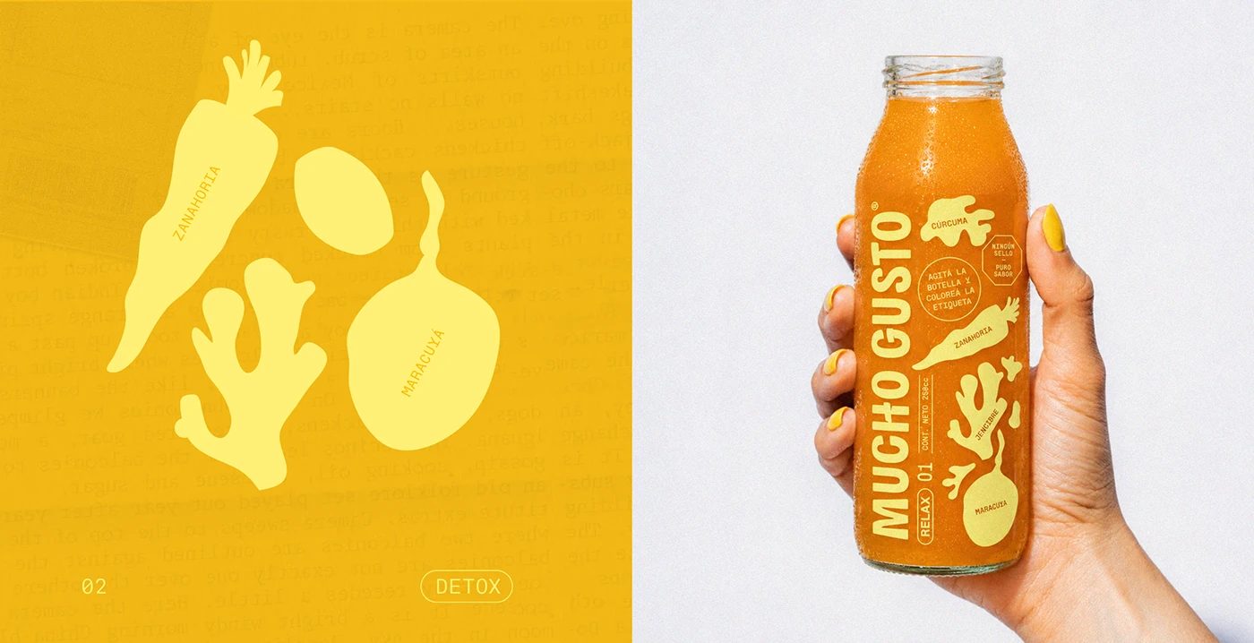 Mucho Gusto beverage branding vector illustrations and bottle label design