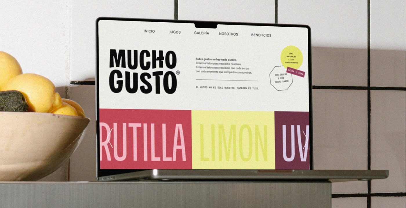 Mucho Gusto beverage branding digital web layout on laptop screen