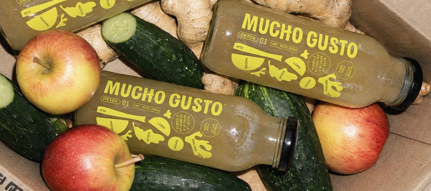 Mucho Gusto beverage branding Detox 01 label design and packaging graphics