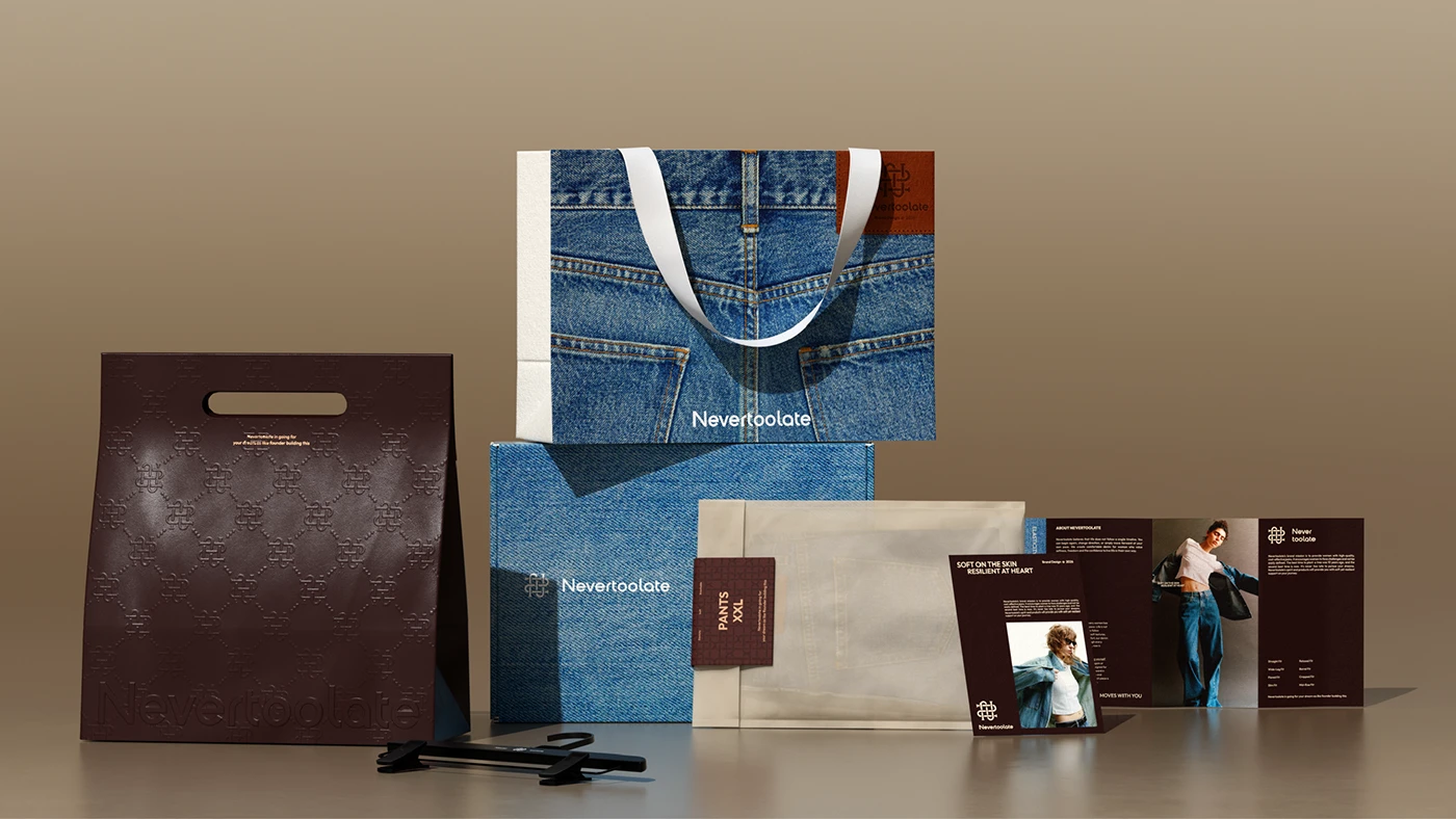 NevertoolateApparel hero packaging mockup branding
