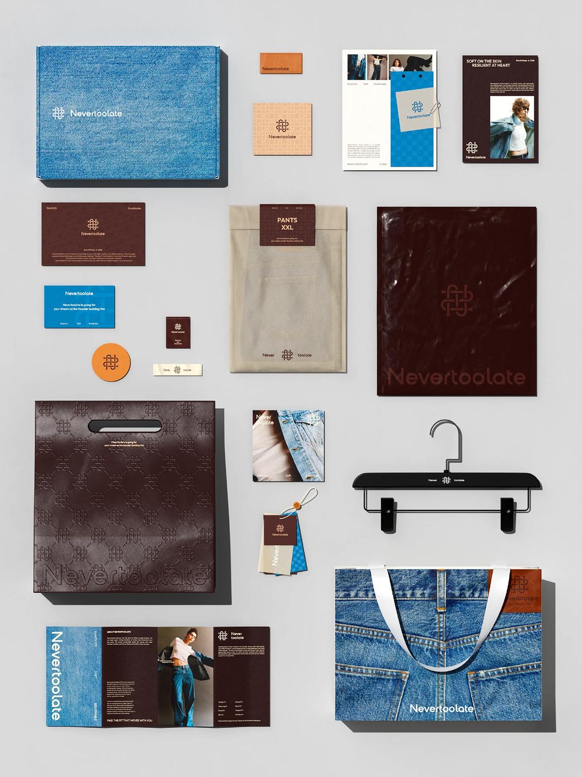 NevertoolateApparel stationary visual design details branding