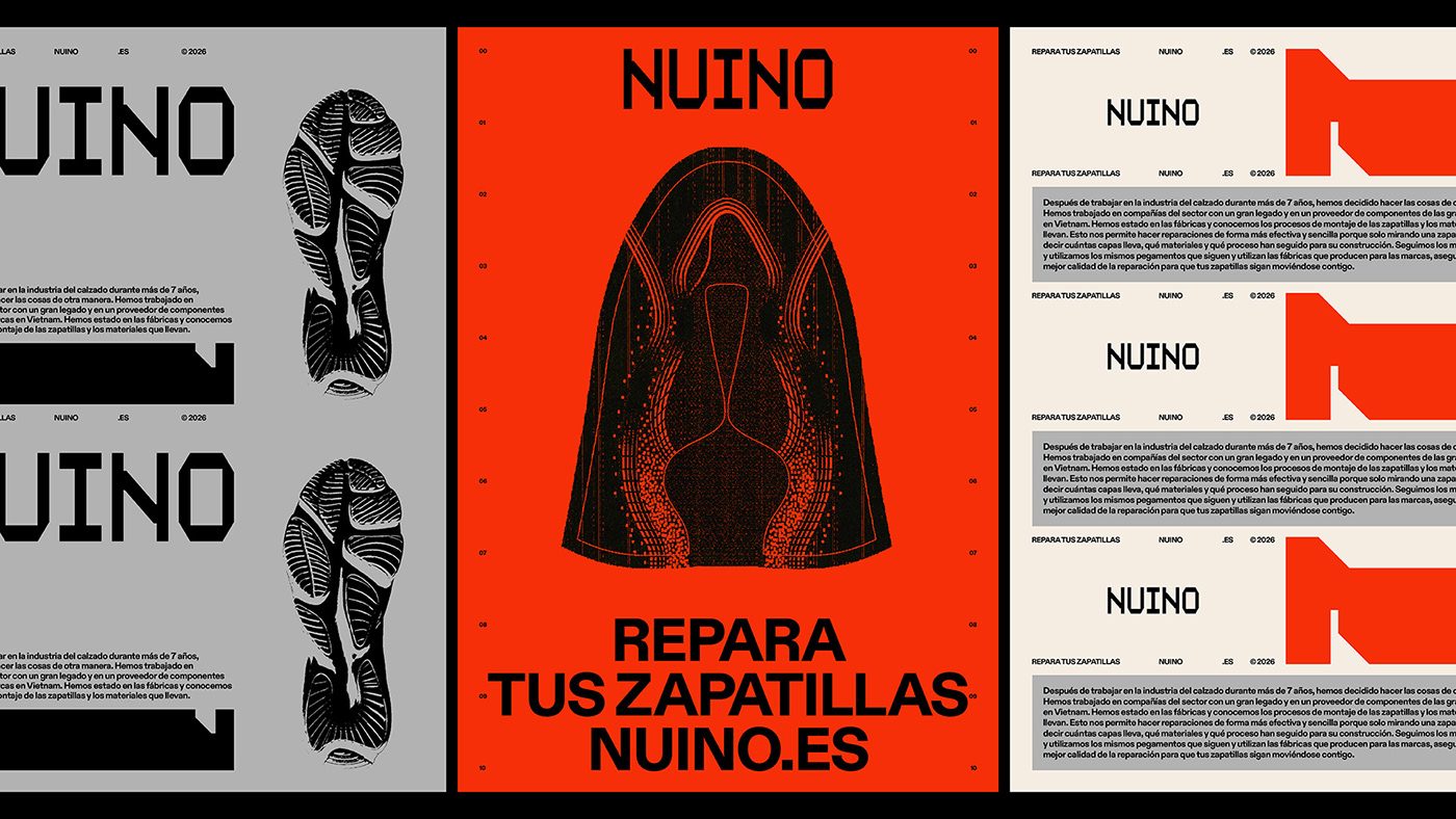 NUINO footwear repair branding 3-panel poster grid by Plural Branding Studio and Álex López