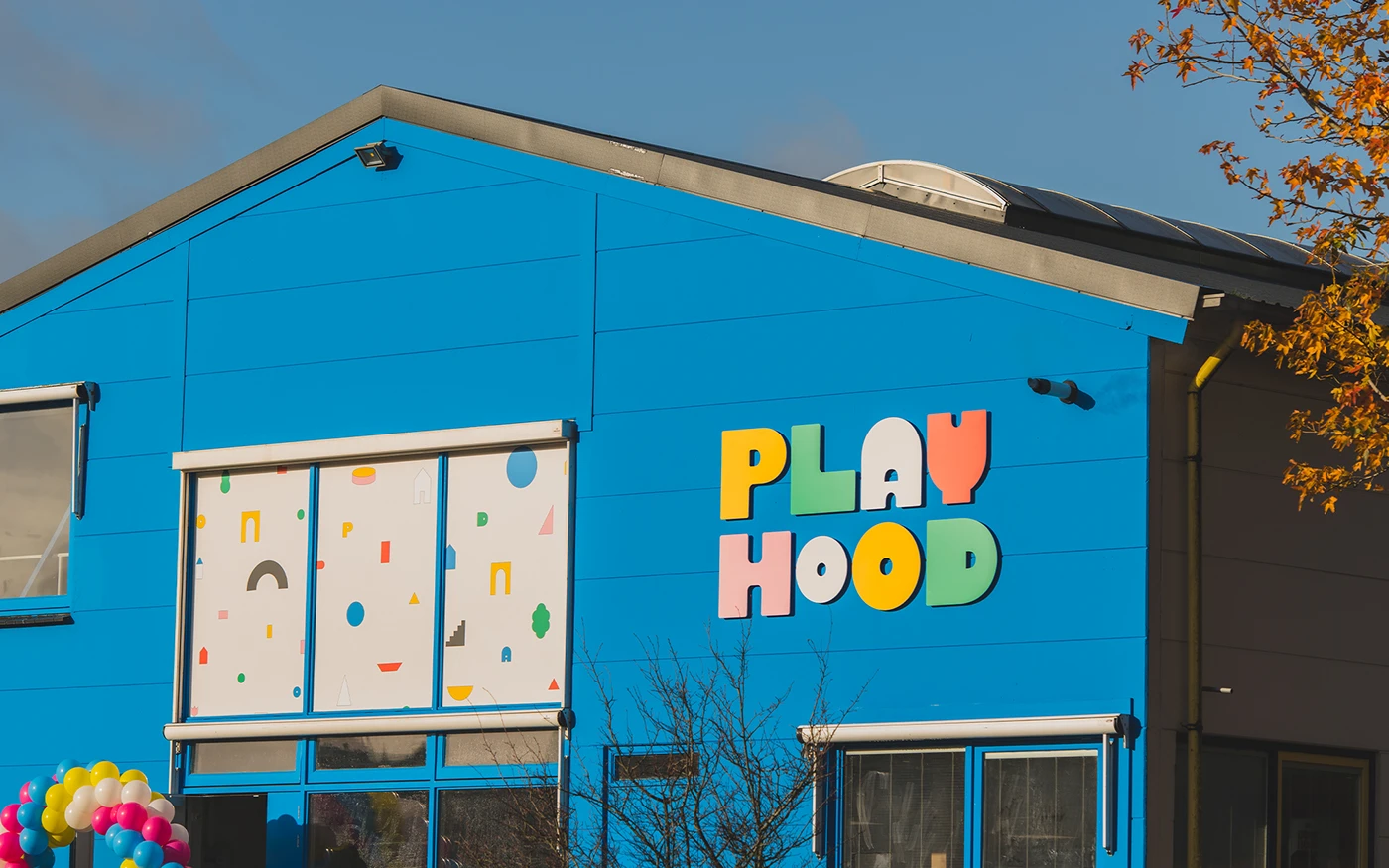 PLAYHOOD branding identity environmental building facade by Karla Heredia