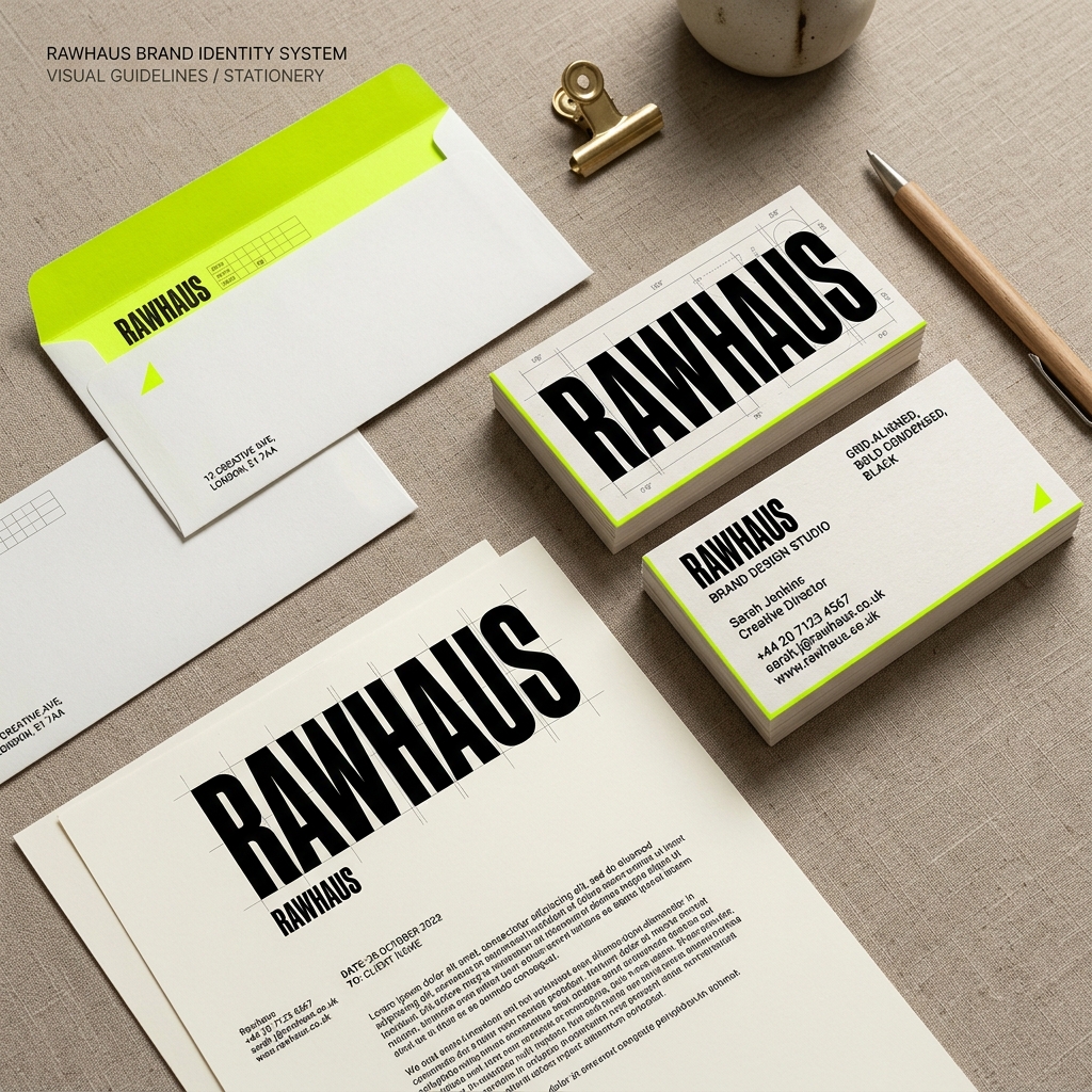 Rawhaus food branding stationery set and grid structure