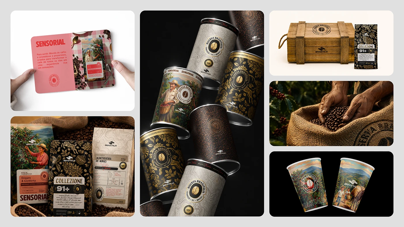 Riserva Brasitália coffee packaging suite with tins and bags