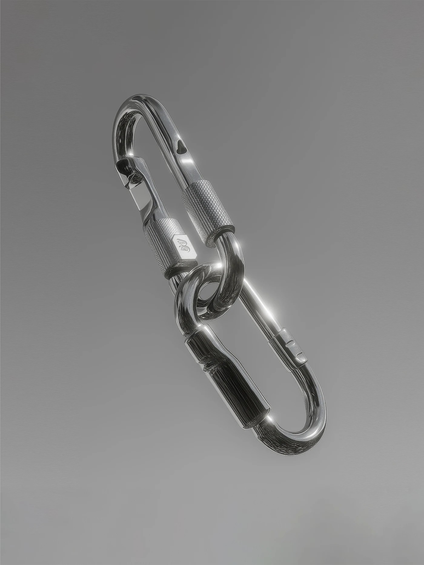 Runlab branding interlocking chrome metal carabiner hardware detail