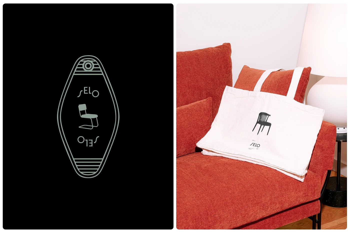 SELO furniture brand identity canvas tote bag on red sofa and motel key tag
