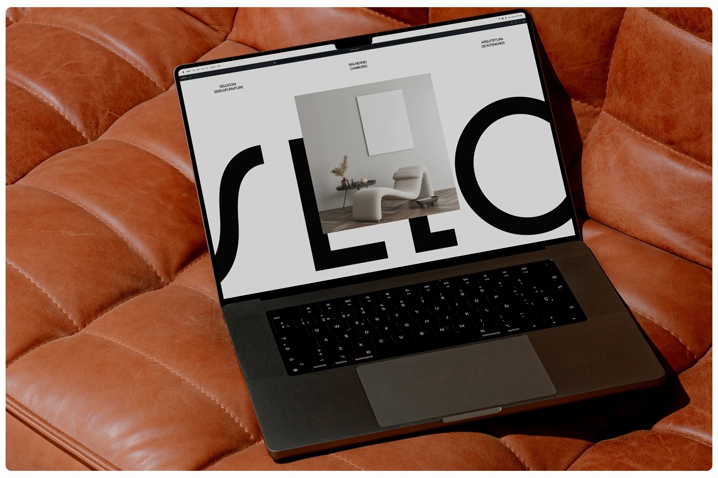 SELO furniture brand identity digital lookbook on laptop display