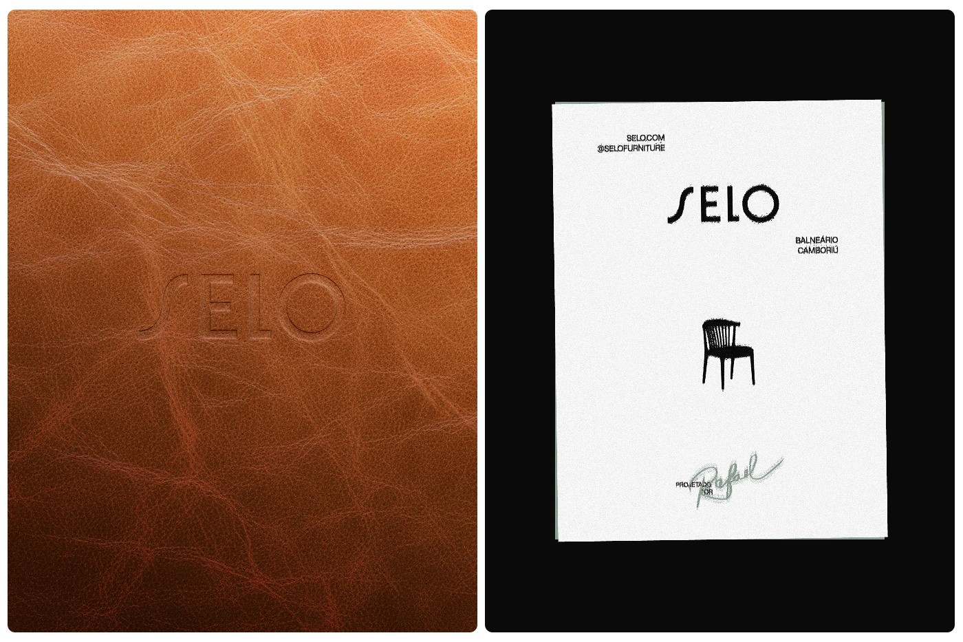 SELO furniture brand identity debossed leather swatch and specification sheet